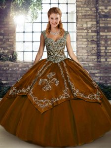 Beading and Embroidery Quinceanera Dress Brown Lace Up Sleeveless Floor Length