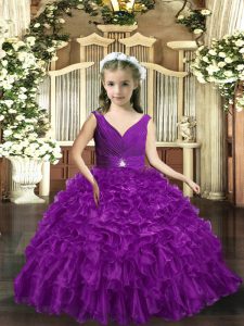 Best Sleeveless Organza Floor Length Backless Custom Made Pageant Dress in Eggplant Purple with Ruffles
