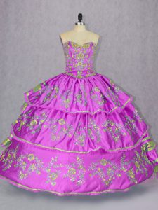 Flirting Satin and Organza Sweetheart Sleeveless Lace Up Embroidery and Ruffled Layers 15 Quinceanera Dress in Lilac