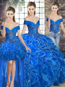 Adorable Royal Blue 15th Birthday Dress Military Ball and Sweet 16 and Quinceanera with Beading and Ruffles Off The Shoulder Sleeveless Lace Up