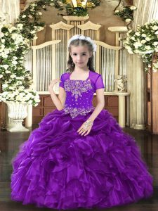 Sleeveless Organza Floor Length Lace Up Evening Gowns in Purple with Beading and Ruffles