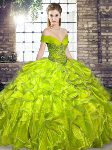 Ball Gowns Quinceanera Dresses Olive Green Off The Shoulder Organza Sleeveless Floor Length Lace Up