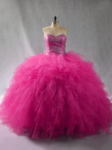 Simple Fuchsia Ball Gown Prom Dress Sweet 16 and Quinceanera with Beading and Ruffles Halter Top Sleeveless Lace Up