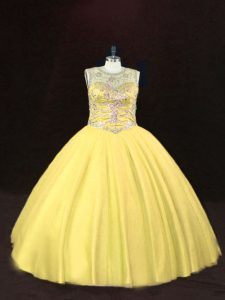 Sleeveless Tulle Floor Length Lace Up 15 Quinceanera Dress in Gold with Beading