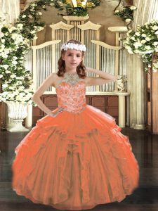 Wonderful Orange Tulle Lace Up Pageant Gowns Sleeveless Floor Length Beading and Ruffles