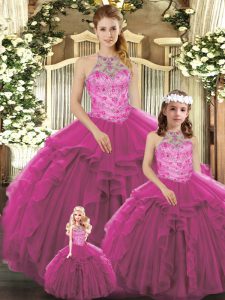 Fashionable Tulle Halter Top Sleeveless Lace Up Beading and Ruffles 15 Quinceanera Dress in Fuchsia