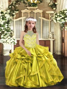 Lace Up Child Pageant Dress Yellow Green for Party and Wedding Party with Beading and Ruffles