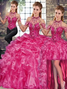 Deluxe Fuchsia Sleeveless Floor Length Beading and Ruffles Lace Up Teens Party Dress