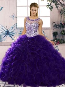 Purple Scoop Lace Up Beading and Ruffles Sweet 16 Dress Sleeveless