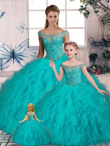 Charming Brush Train Ball Gowns Sweet 16 Dress Aqua Blue Off The Shoulder Tulle Sleeveless Lace Up