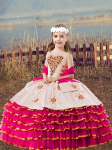 Fuchsia Organza Lace Up Pageant Gowns For Girls Sleeveless Floor Length Beading and Embroidery and Ruffled Layers