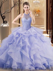 Nice Organza Halter Top Sleeveless Brush Train Lace Up Ruffles Quinceanera Dresses in Lavender