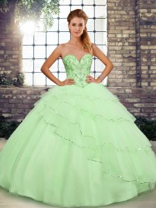 Yellow Green Ball Gowns Beading and Ruffled Layers Quinceanera Dress Lace Up Tulle Sleeveless