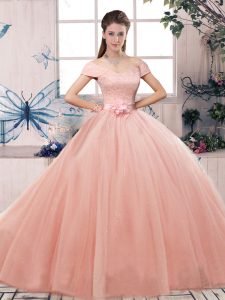 Pink Tulle Lace Up Quince Ball Gowns Short Sleeves Floor Length Lace and Hand Made Flower