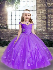 Lavender Ball Gowns Tulle Straps Sleeveless Beading and Hand Made Flower Lace Up Child Pageant Dress