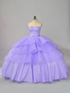 Edgy Lace Up Quinceanera Dress Lavender for Sweet 16 and Quinceanera with Beading and Ruffled Layers