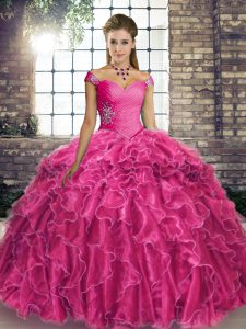 Organza Off The Shoulder Sleeveless Brush Train Lace Up Beading and Ruffles Party Dress for Toddlers in Fuchsia