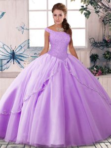 Free and Easy Lavender Tulle Lace Up 15th Birthday Dress Sleeveless Brush Train Beading