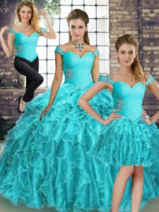 Lovely Lace Up Sweet 16 Quinceanera Dress Aqua Blue for Military Ball and Sweet 16 and Quinceanera with Beading and Ruffles Brush Train