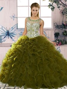 Pretty Beading and Ruffles Sweet 16 Quinceanera Dress Olive Green Lace Up Sleeveless Floor Length