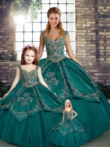 Beading and Embroidery 15 Quinceanera Dress Teal Lace Up Sleeveless Floor Length
