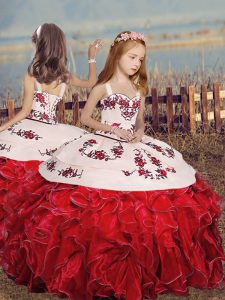 Floor Length Lace Up Girls Pageant Dresses Red for Party and Sweet 16 and Wedding Party with Embroidery and Ruffles