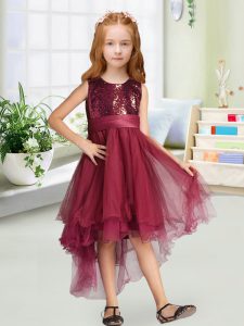 Custom Fit Burgundy A-line Organza Scoop Sleeveless Sequins and Bowknot High Low Zipper Little Girl Pageant Dress