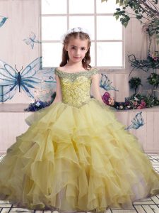 Excellent Ball Gowns Kids Pageant Dress Yellow Off The Shoulder Organza Sleeveless Floor Length Lace Up