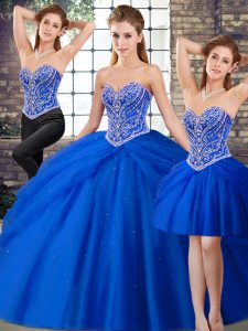 Custom Fit Royal Blue Military Ball Dresses For Women Sweetheart Sleeveless Brush Train Lace Up