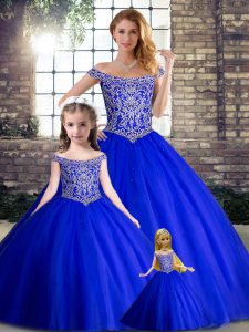 Sweet Lace Up Sweet 16 Quinceanera Dress Royal Blue for Military Ball and Sweet 16 and Quinceanera with Beading Brush Train