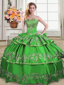 Floor Length Green Ball Gown Prom Dress Satin and Organza Sleeveless Ruffled Layers
