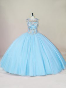 Beautiful Blue Tulle Lace Up Vestidos de Quinceanera Sleeveless Floor Length Beading