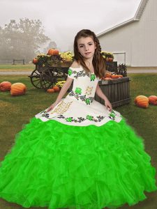 Lovely Green Sleeveless Embroidery and Ruffles Floor Length Little Girl Pageant Gowns