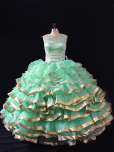 Superior Apple Green Organza Lace Up Sweetheart Sleeveless Floor Length Quinceanera Dress Ruffles