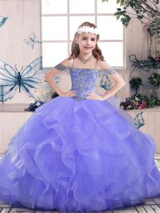 Cheap Lavender Sleeveless Beading and Ruffles Floor Length Girls Pageant Dresses