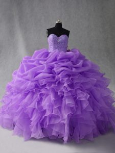 Enchanting Lavender Ball Gowns Beading and Ruffles and Pick Ups Ball Gown Prom Dress Lace Up Organza Sleeveless Floor Length