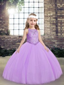 Popular Floor Length Lavender Pageant Dress for Girls Tulle Sleeveless Beading