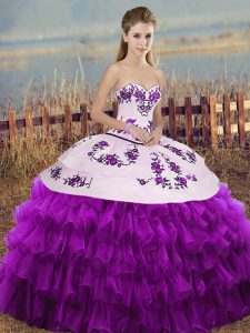 Sleeveless Floor Length Embroidery and Ruffled Layers and Bowknot Lace Up 15th Birthday Dress with White And Purple