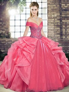 Coral Red Organza Lace Up Off The Shoulder Sleeveless Floor Length Sweet 16 Dresses Beading and Ruffles