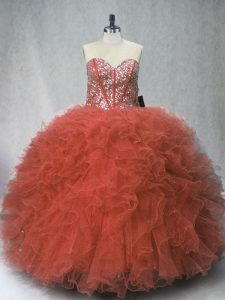 Rust Red Sweetheart Neckline Beading and Ruffles Quinceanera Gown Sleeveless Lace Up