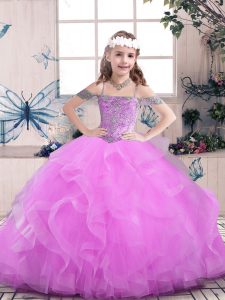 Sleeveless Tulle Floor Length Lace Up Girls Pageant Dresses in Lilac with Beading