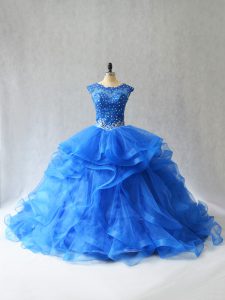 Scoop Sleeveless Brush Train Lace Up 15th Birthday Dress Royal Blue Tulle