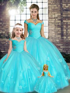 Attractive Aqua Blue Sleeveless Floor Length Beading and Appliques Lace Up Quinceanera Gowns