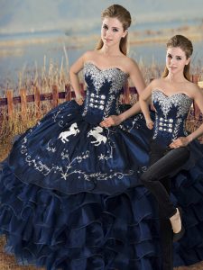 Floor Length Navy Blue Quinceanera Gown Sweetheart Sleeveless Lace Up