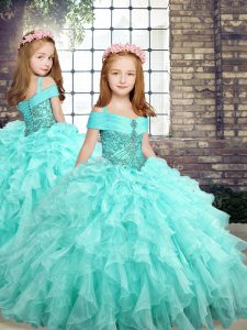Nice Aqua Blue Ball Gowns Straps Sleeveless Organza Floor Length Lace Up Beading and Ruffles Little Girl Pageant Dress