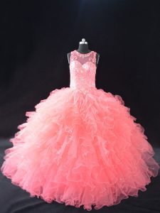 Customized Sleeveless Lace Up Floor Length Beading and Ruffles Quince Ball Gowns