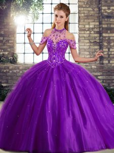 Chic Purple Sweet 16 Quinceanera Dress Tulle Brush Train Sleeveless Beading