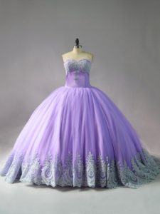 Sleeveless Tulle Court Train Lace Up Vestidos de Quinceanera in Lavender with Appliques