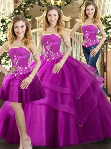 Custom Made Floor Length Lace Up Quince Ball Gowns Fuchsia for Sweet 16 and Quinceanera with Beading and Ruffled Layers