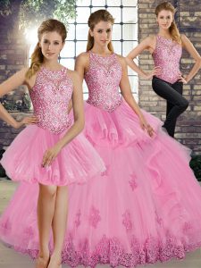 Floor Length Rose Pink Womens Party Dresses Tulle Sleeveless Lace and Embroidery and Ruffles